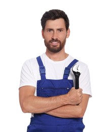 Photo of Professional plumber with adjustable wrench on white background