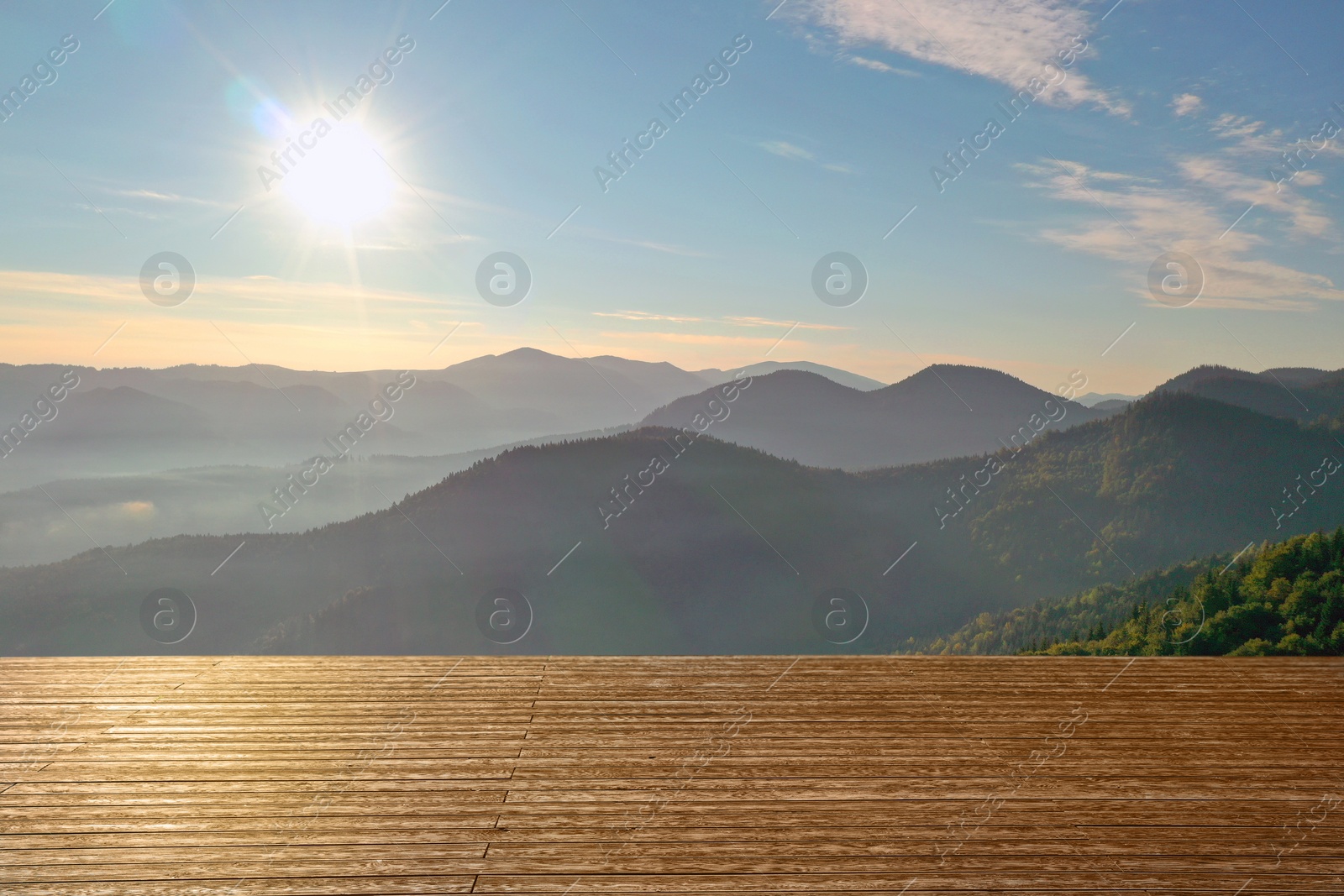 Image of Empty wooden surface and beautiful view of mountain landscape