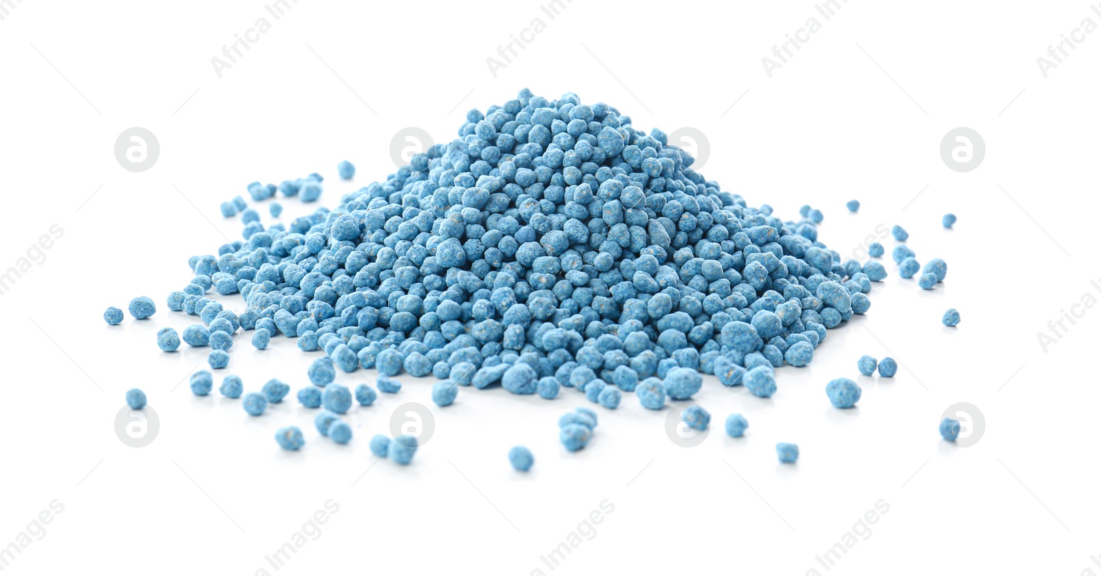 Photo of Pile of granular mineral fertilizer isolated on white