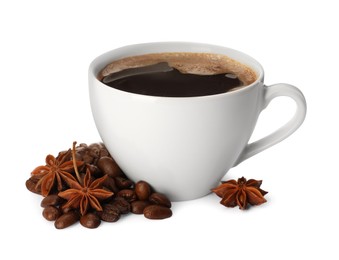 Photo of Cup of aromatic coffee with anise stars and beans on white background