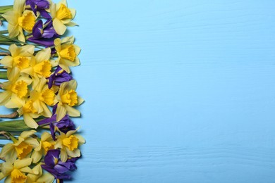 Beautiful yellow daffodils and iris flowers on light blue wooden table, flat lay. Space for text