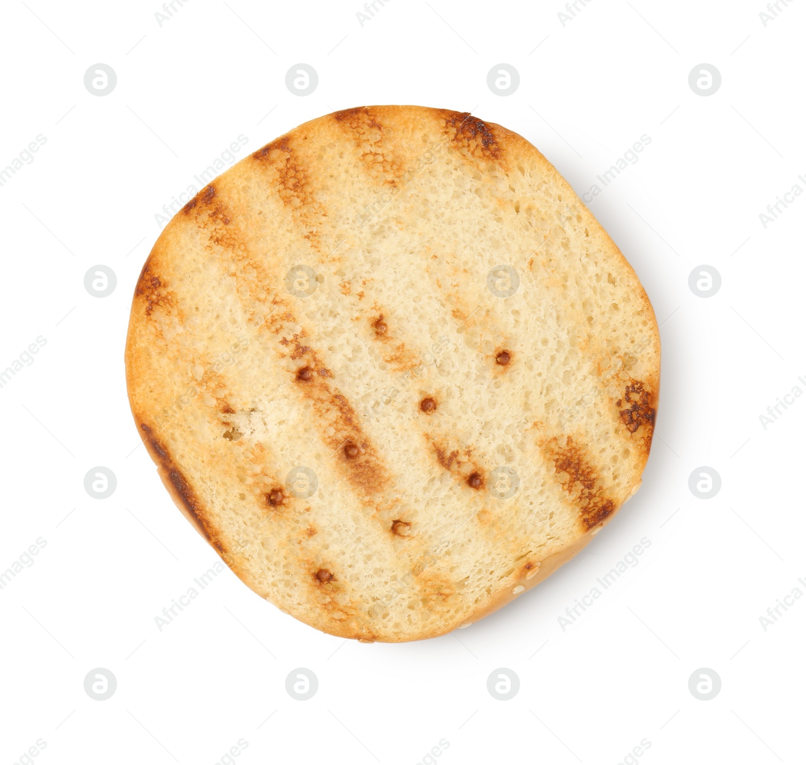 Photo of Half of grilled burger bun isolated on white, top view