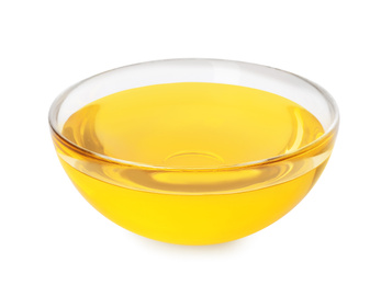 Cooking oil in glass bowl isolated on white