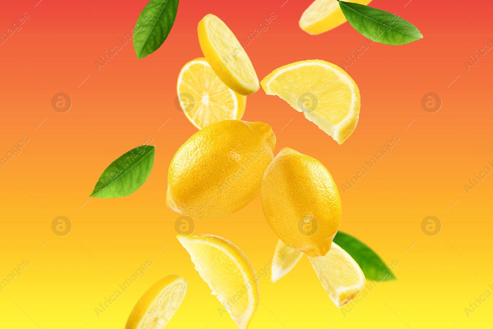 Image of Fresh ripe lemons and green leaves on color background