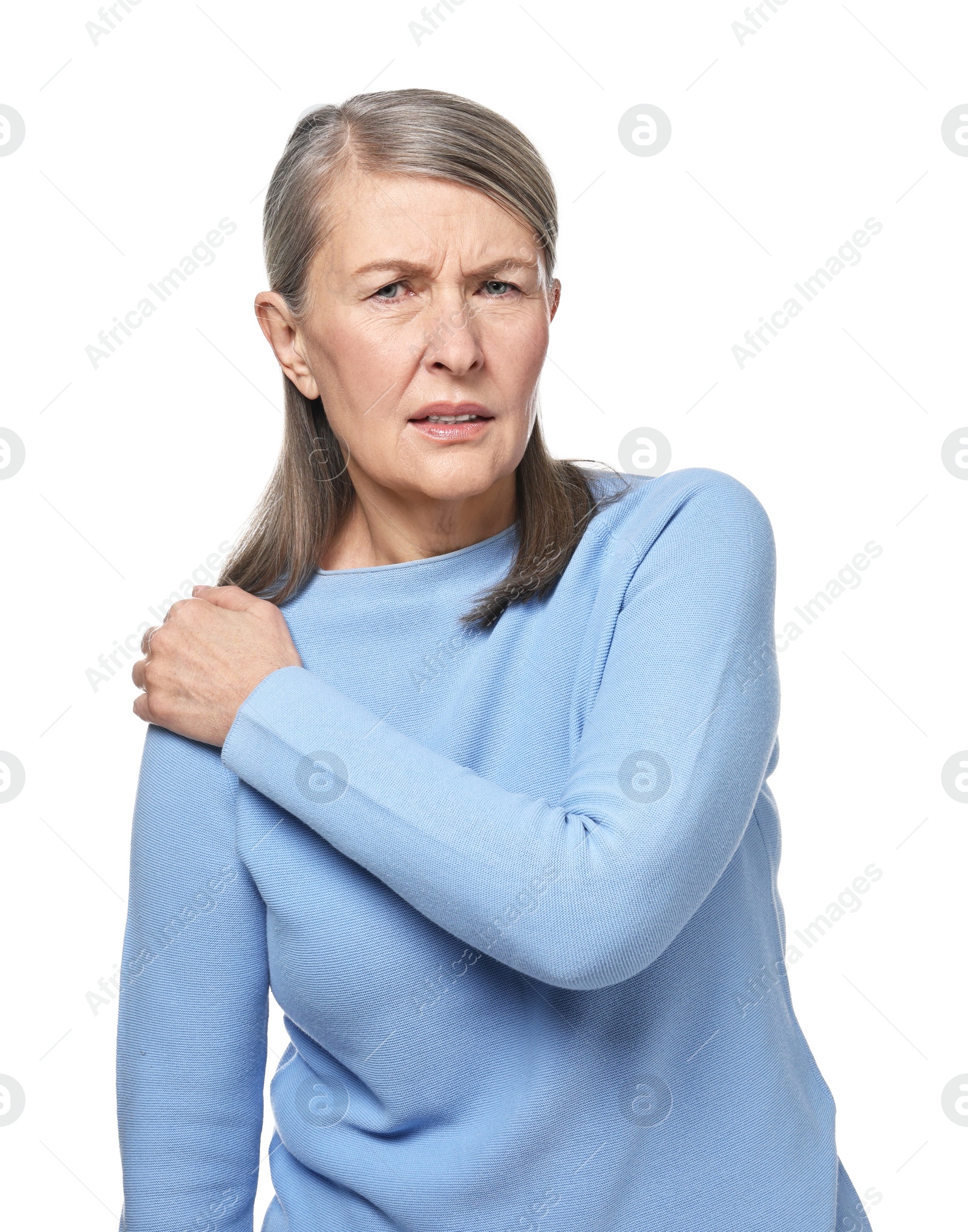 Photo of Arthritis symptoms. Woman suffering from pain in shoulder on white background