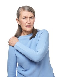 Arthritis symptoms. Woman suffering from pain in shoulder on white background