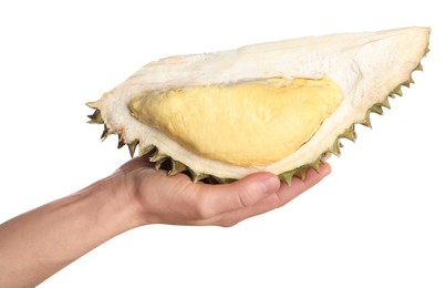 Woman holding piece of ripe durian on white background, closeup