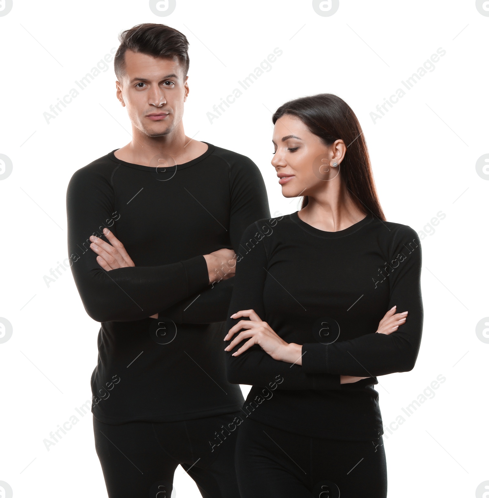 Photo of Couple wearing thermal underwear isolated on white