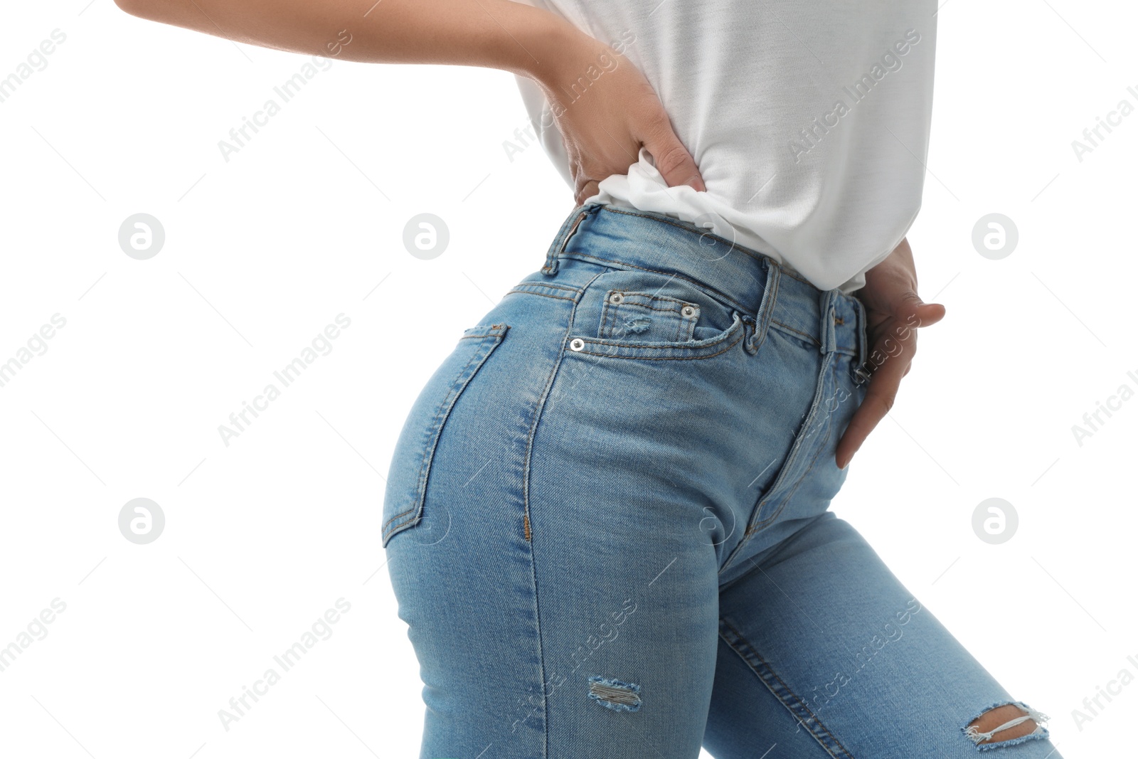 Photo of Woman wearing jeans on white background, closeup