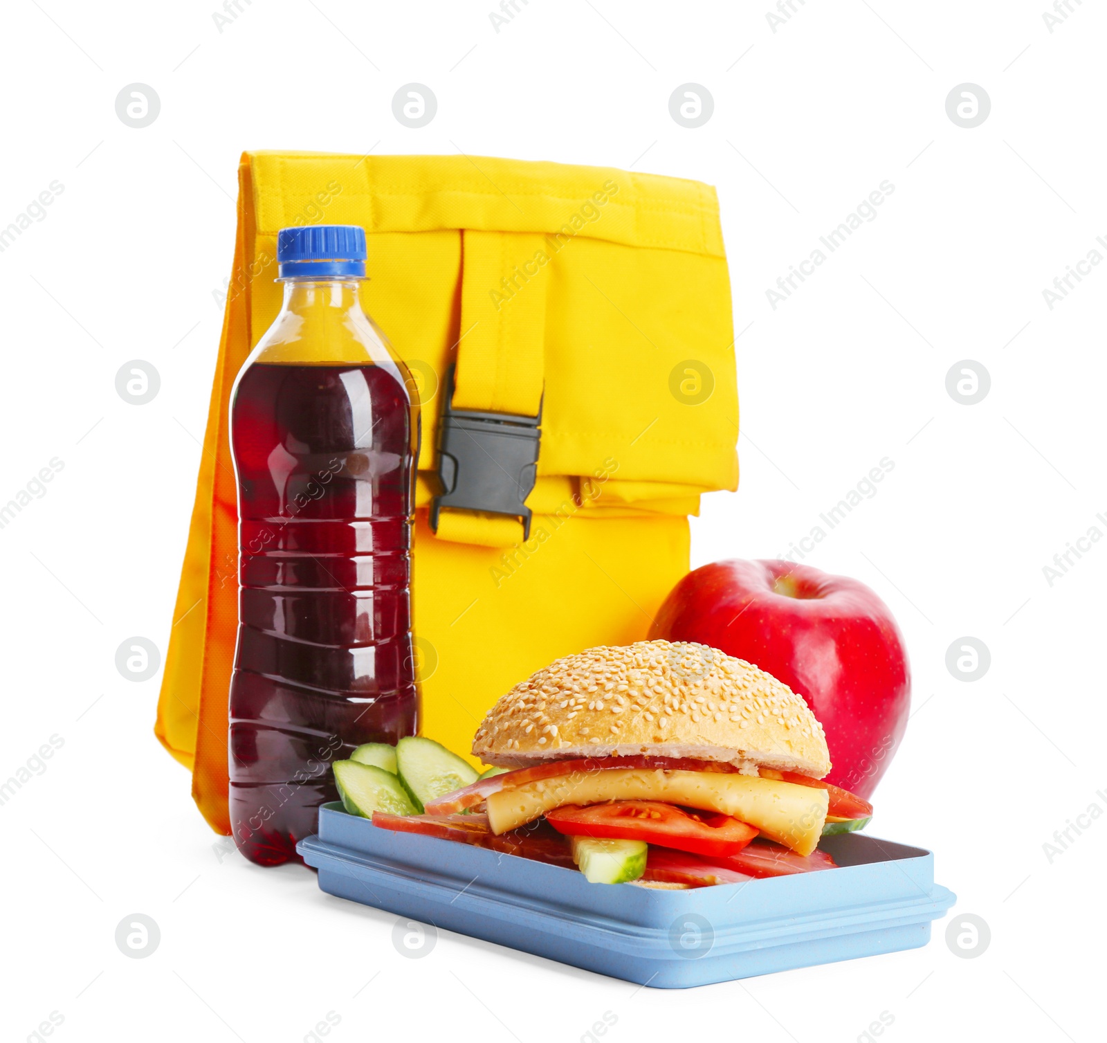 Photo of Lunch box with appetizing food, bottle of drink and bag on white background