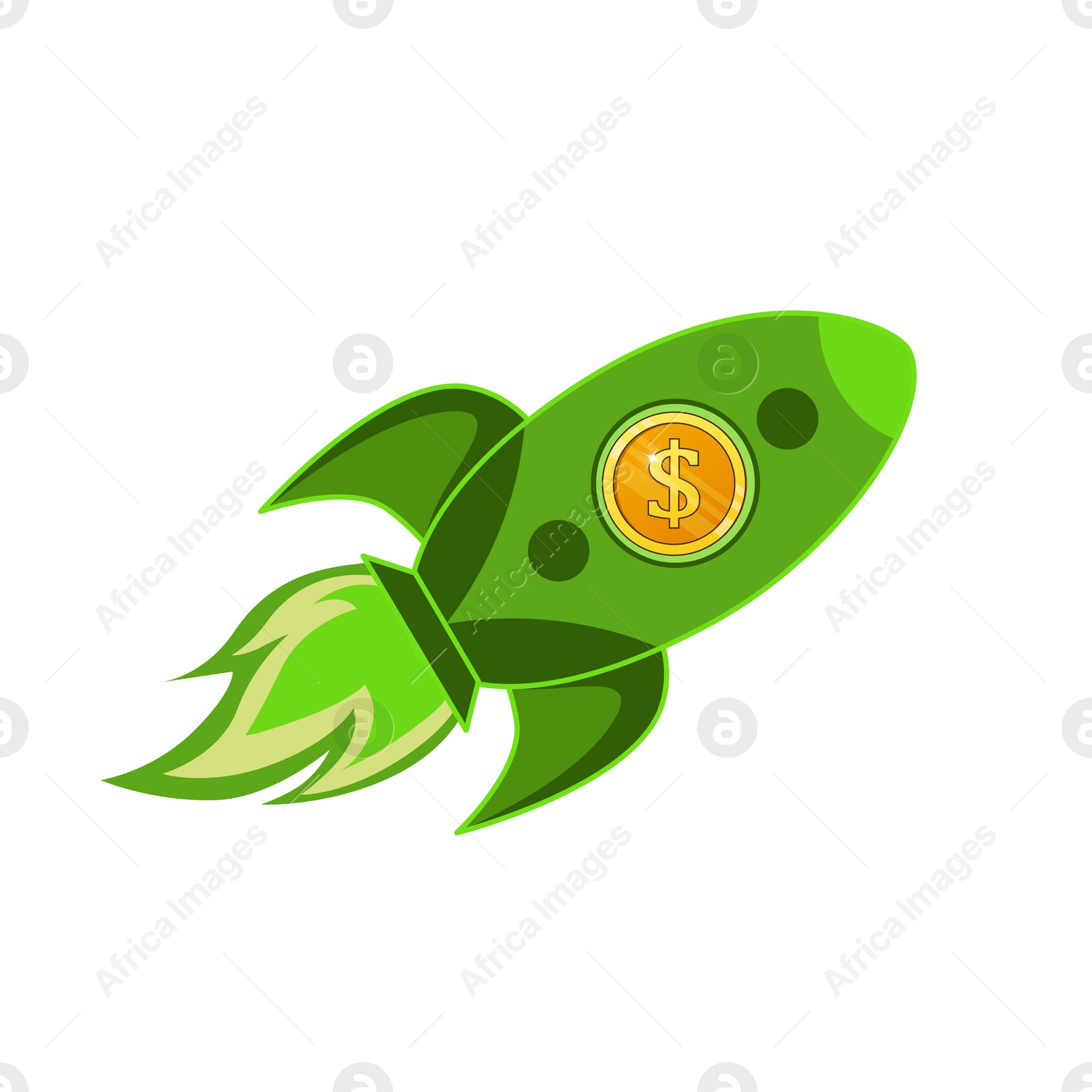 Illustration of Rocket with dollar sign symbolizing speed of money transaction. Illustration on white background