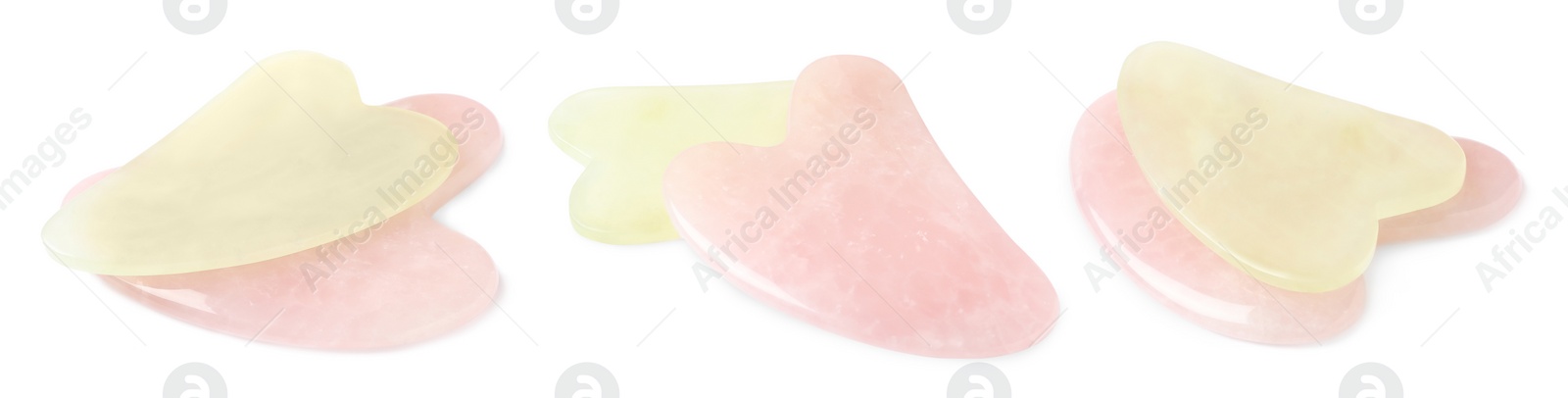 Image of Jade and rose quartz gua sha tools on white background, collage. Banner design