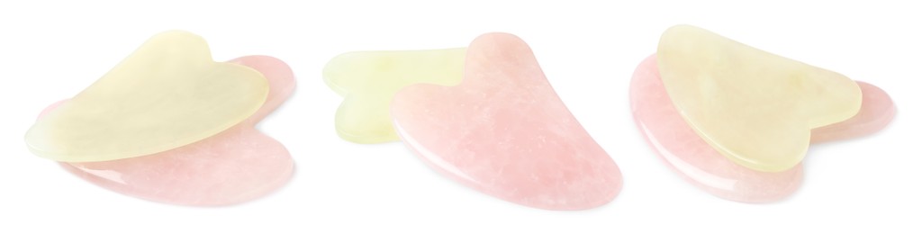 Image of Jade and rose quartz gua sha tools on white background, collage. Banner design
