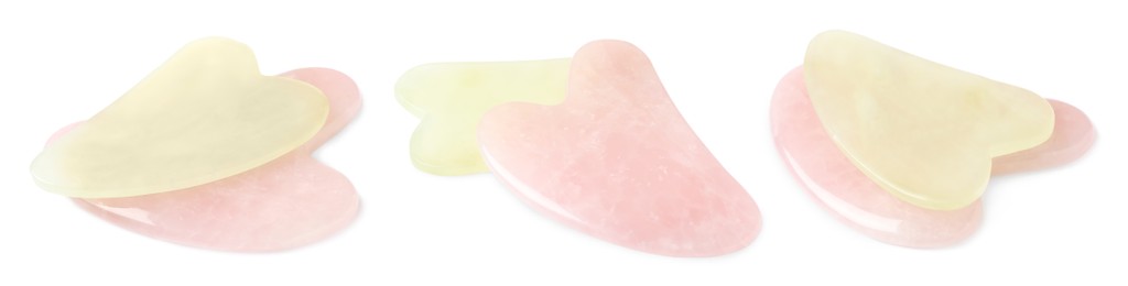 Jade and rose quartz gua sha tools on white background, collage. Banner design