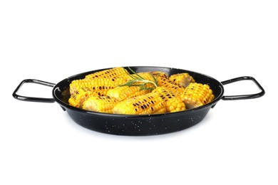 Photo of Pan with tasty grilled corn on white background