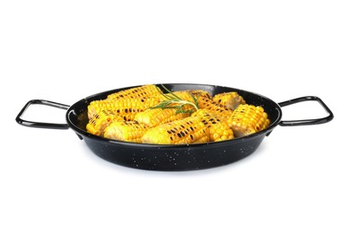 Pan with tasty grilled corn on white background