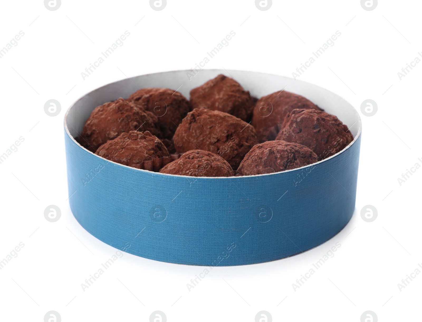Photo of Box with delicious chocolate truffle candies isolated on white