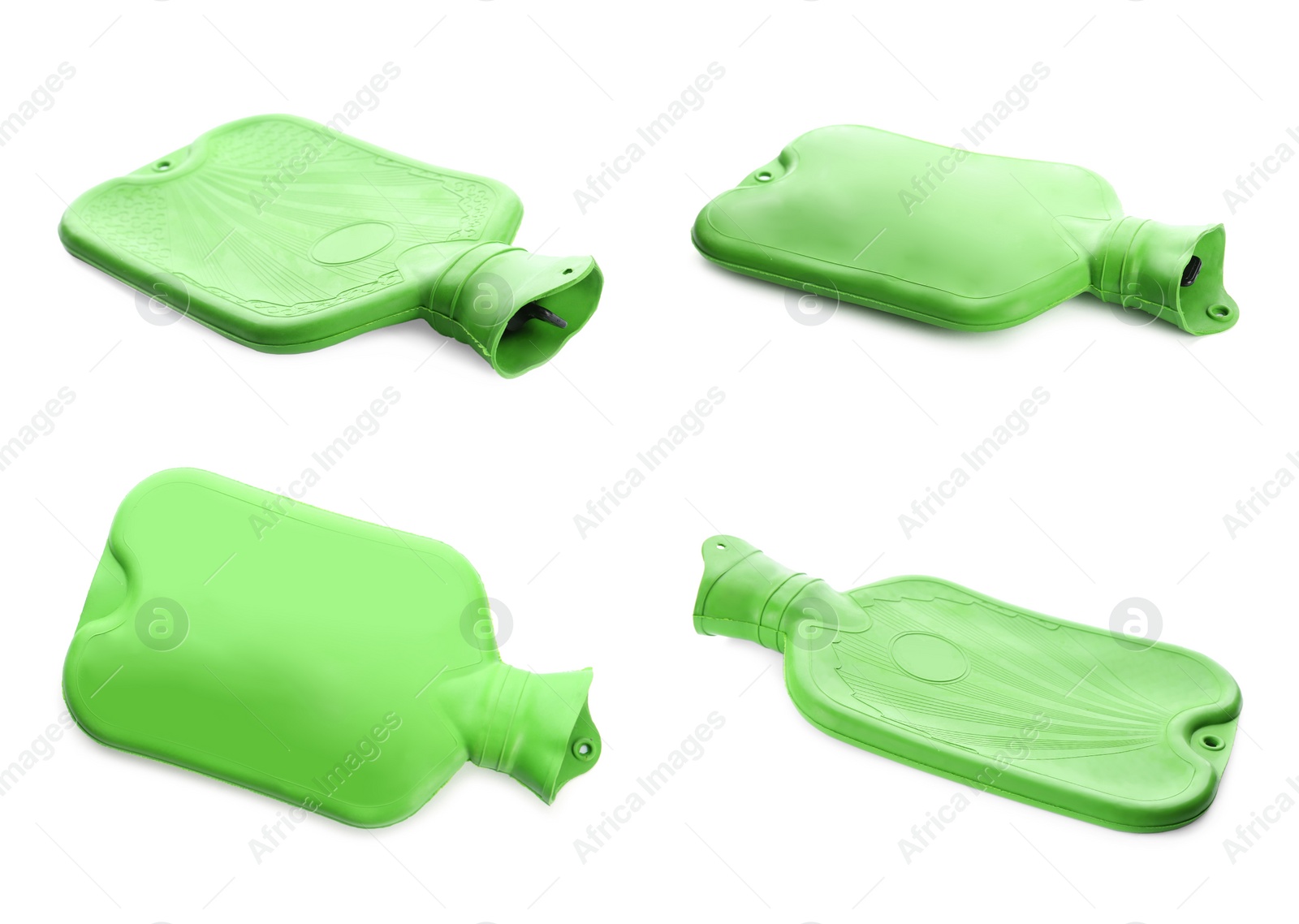 Image of Set with green rubber hot water bottles on white background