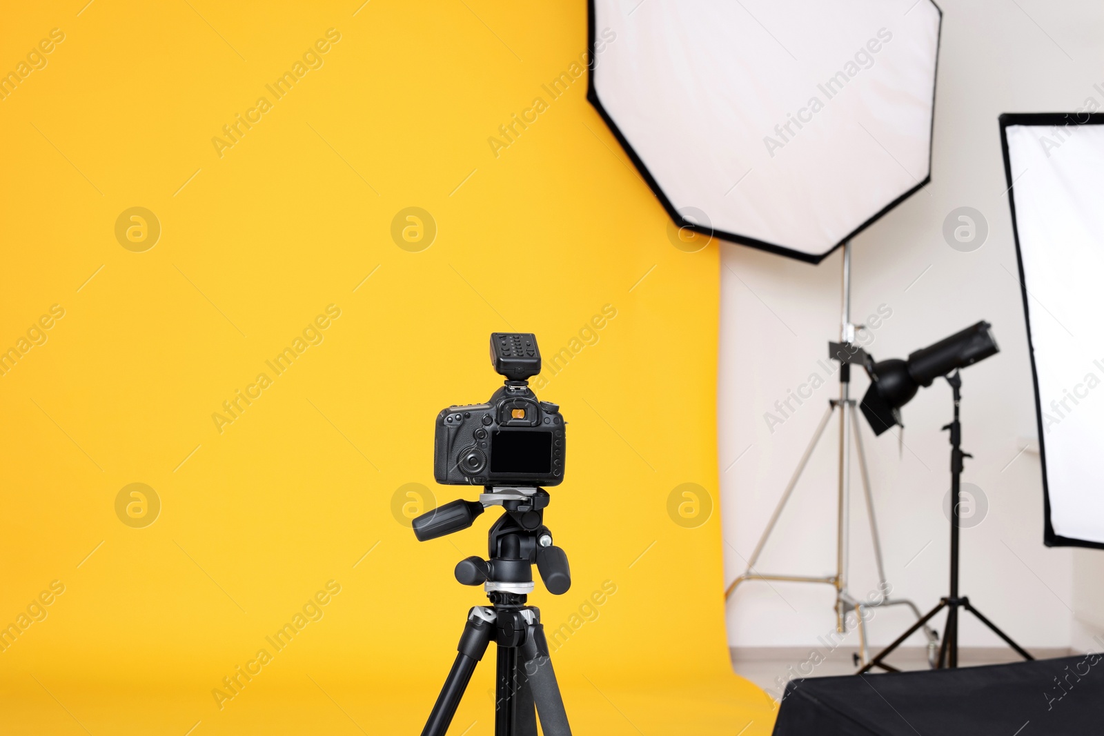 Photo of Camera on tripod and professional lighting equipment in modern photo studio