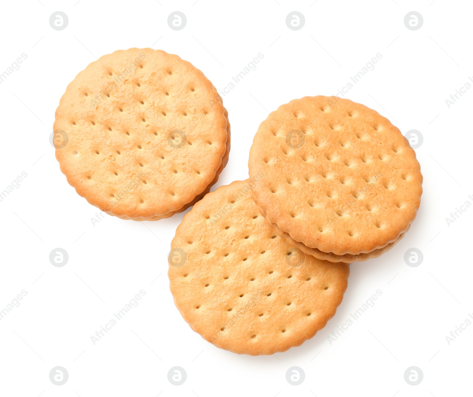 Photo of Tasty sandwich cookies isolated on white, top view