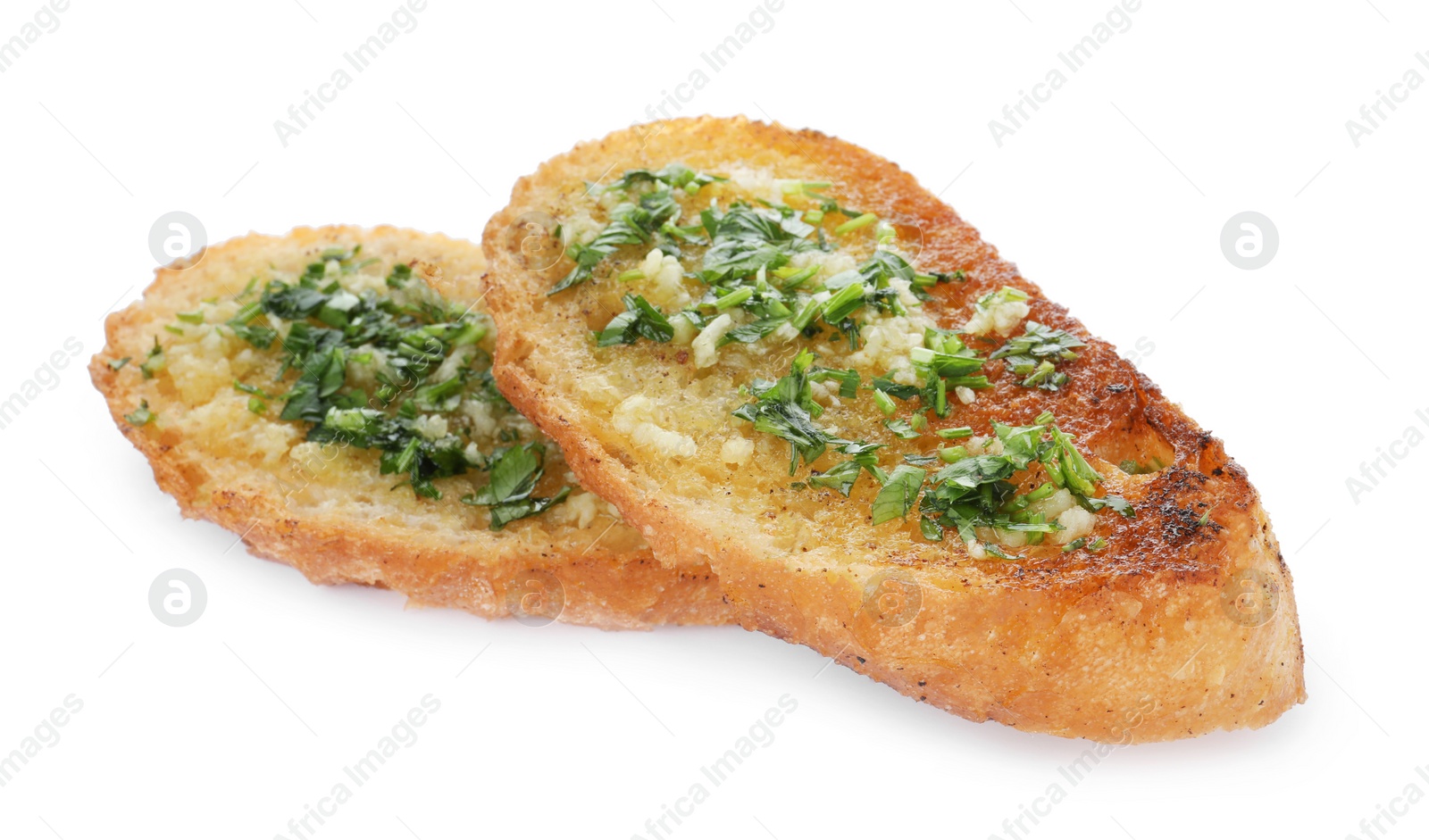 Photo of Slices of toasted bread with garlic and herb on white background