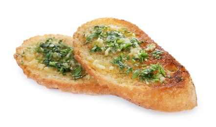 Photo of Slices of toasted bread with garlic and herb on white background