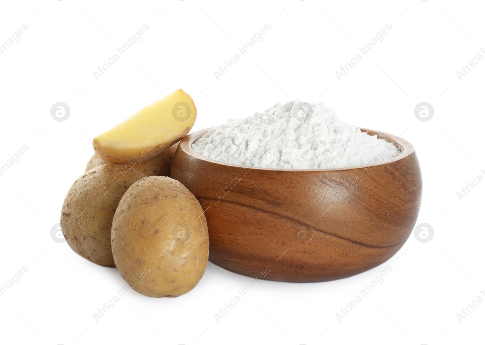 Photo of Wooden bowl with starch and fresh potatoes on white background