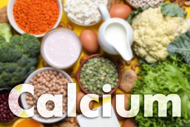 Image of Different fresh products with high amounts of easily absorbable calcium, top view