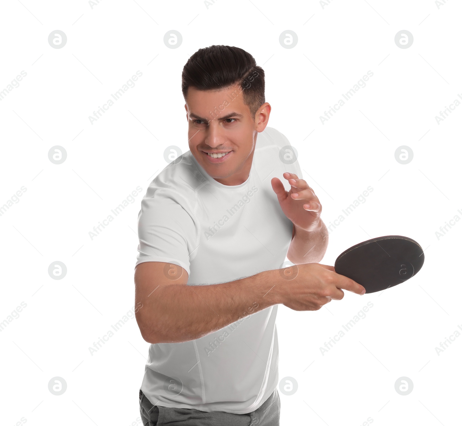 Photo of Handsome man with table tennis racket on white background. Ping pong player