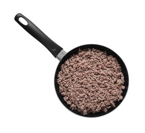 Photo of Frying pan of fried minced meat on white background, top view