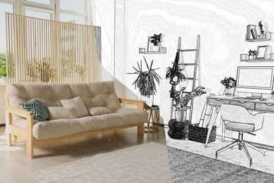 Image of From idea to realization. Stylish apartment interior with combined living and work areas. Collage of photo and sketch