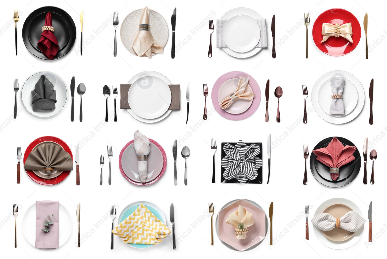 Image of Set with examples of different beautiful table settings on white background, top view