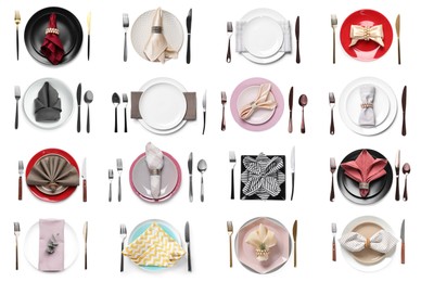 Image of Set with examples of different beautiful table settings on white background, top view