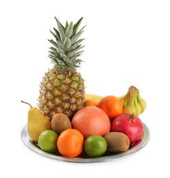 Photo of Plate with different ripe fruits on white background