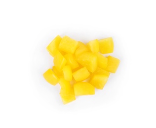 Photo of Diced yellow bell pepper isolated on white