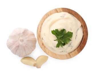 Photo of Tasty sauce with garlic and parsley isolated on white, top view