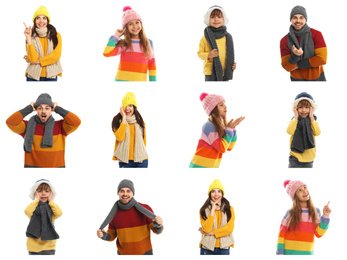 Collage with photos of people wearing warm clothes on white background. Winter vacation 