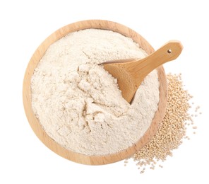 Photo of Quinoa flour in wooden isolated on white, top view