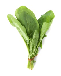 Photo of Bunch of spinach on white background, top view. Fresh herb