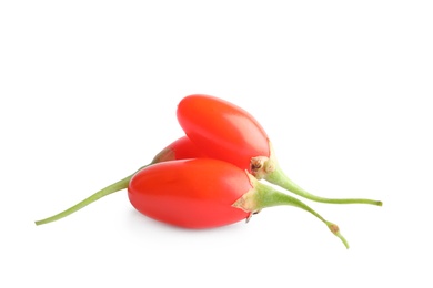 Photo of Fresh goji berries on white background. Healthy superfood