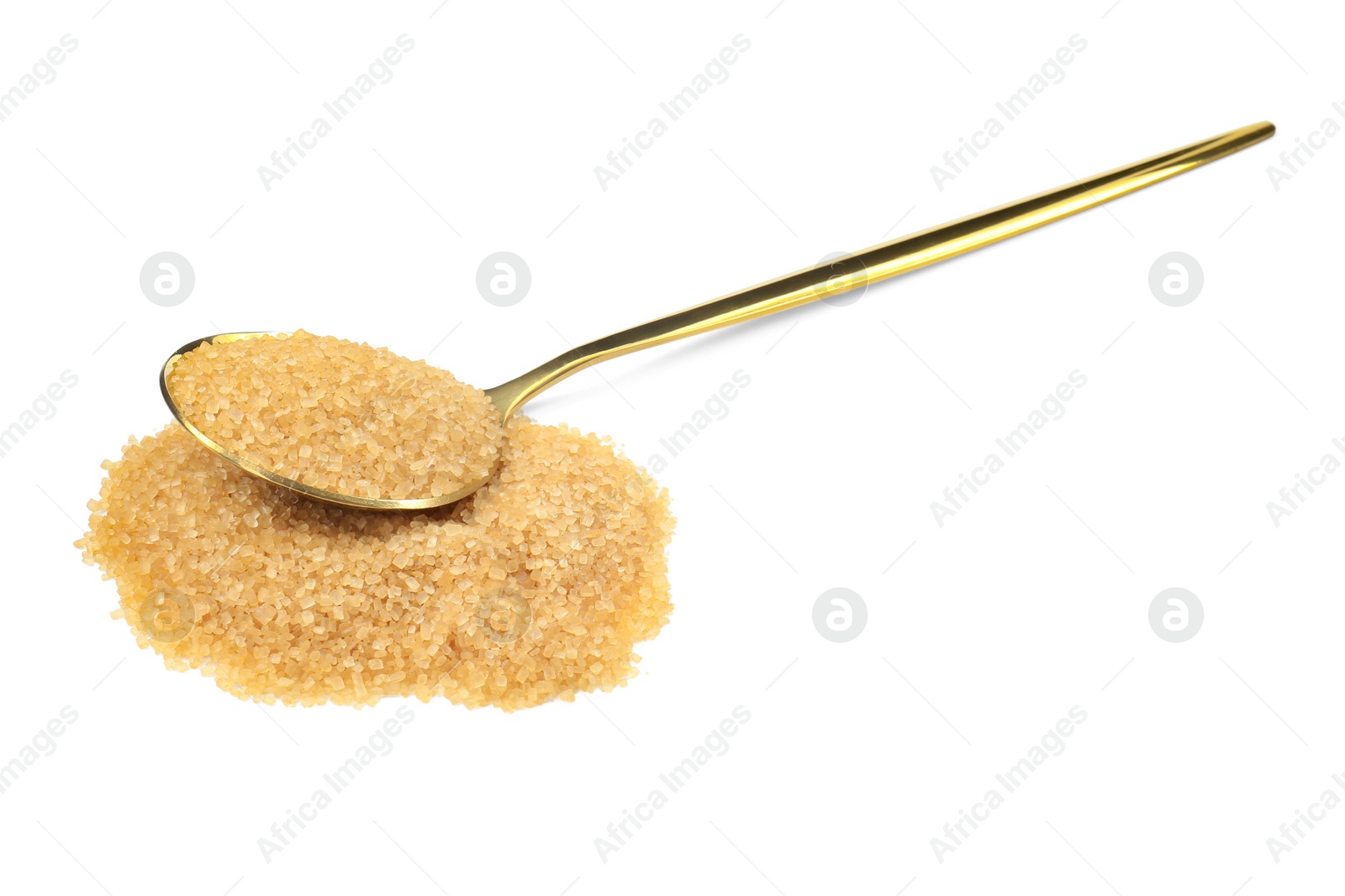 Photo of Pile of brown sugar and spoon isolated on white