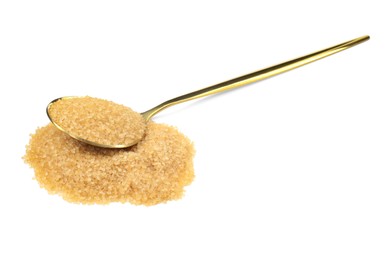 Pile of brown sugar and spoon isolated on white