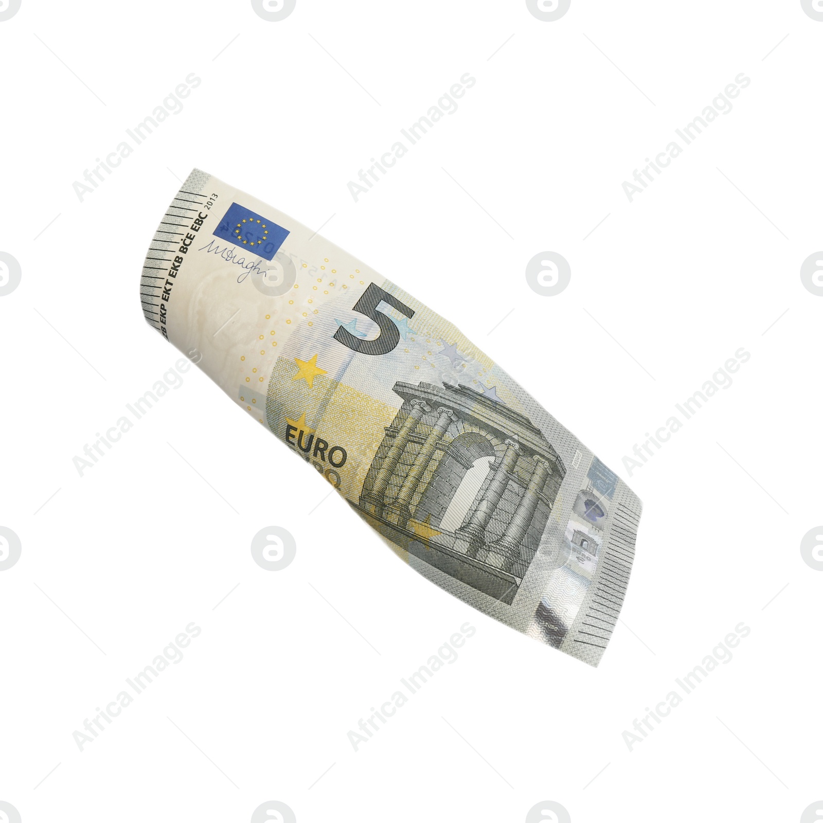 Photo of Euro banknote isolated on white. Flying money