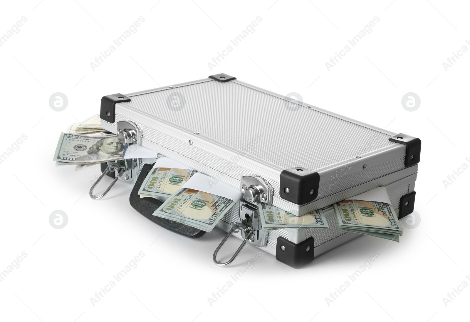 Photo of Hard case full of money on white background