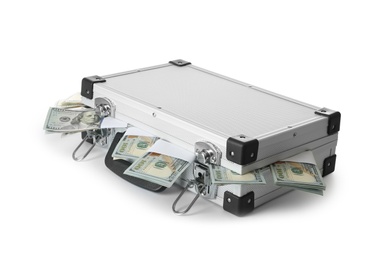 Hard case full of money on white background