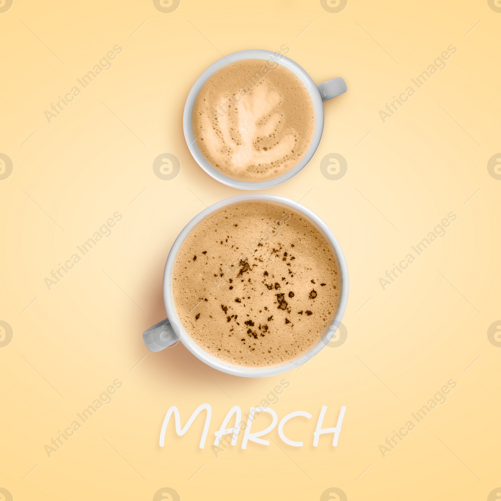 Image of 8 March - Happy International Women's Day. Card design with shape of number eight made of coffee drinks on beige background, top view