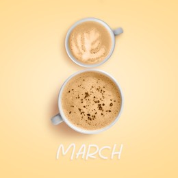 Image of 8 March - Happy International Women's Day. Card design with shape of number eight made of coffee drinks on beige background, top view