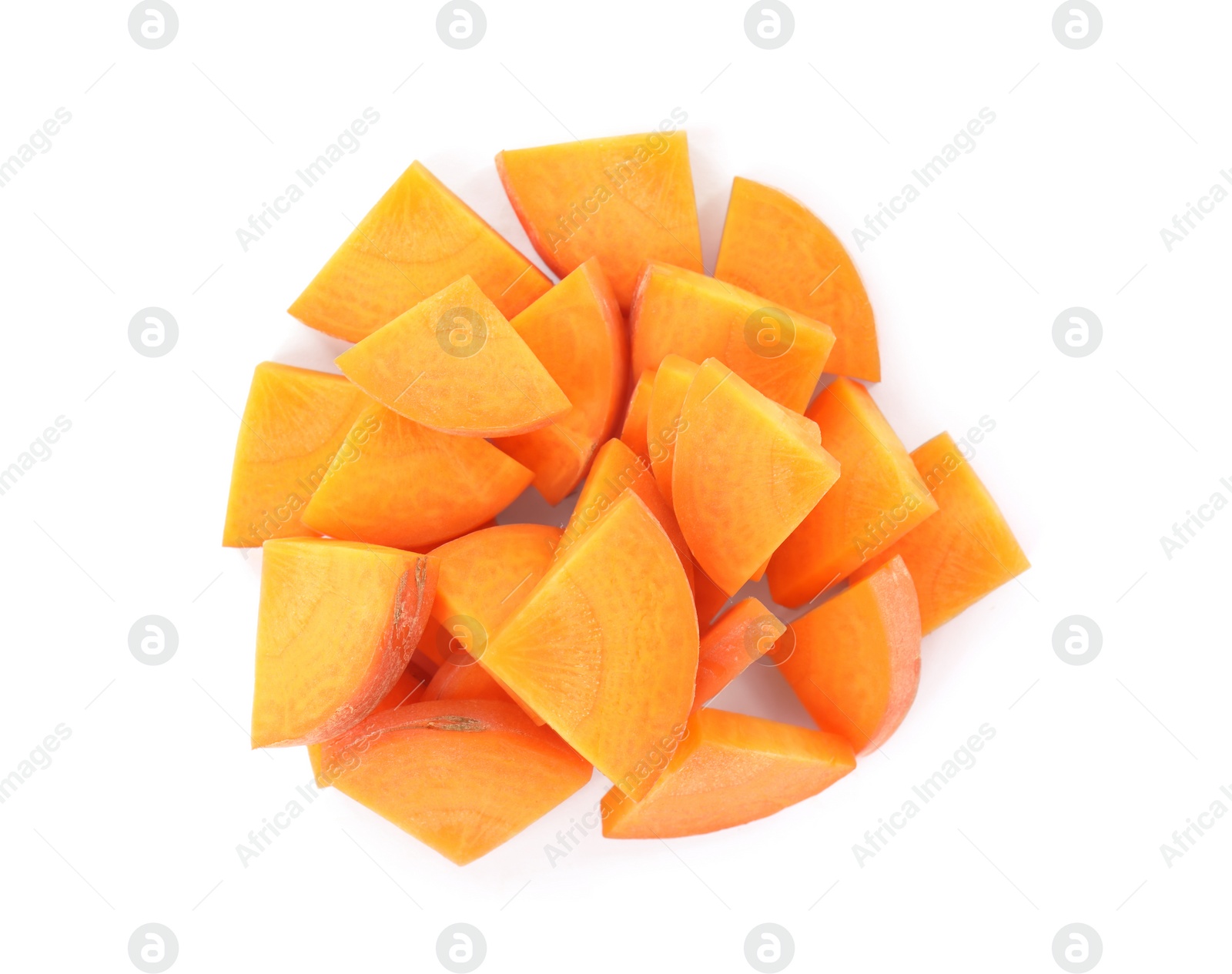 Photo of Pieces of fresh ripe carrot isolated on white, top view