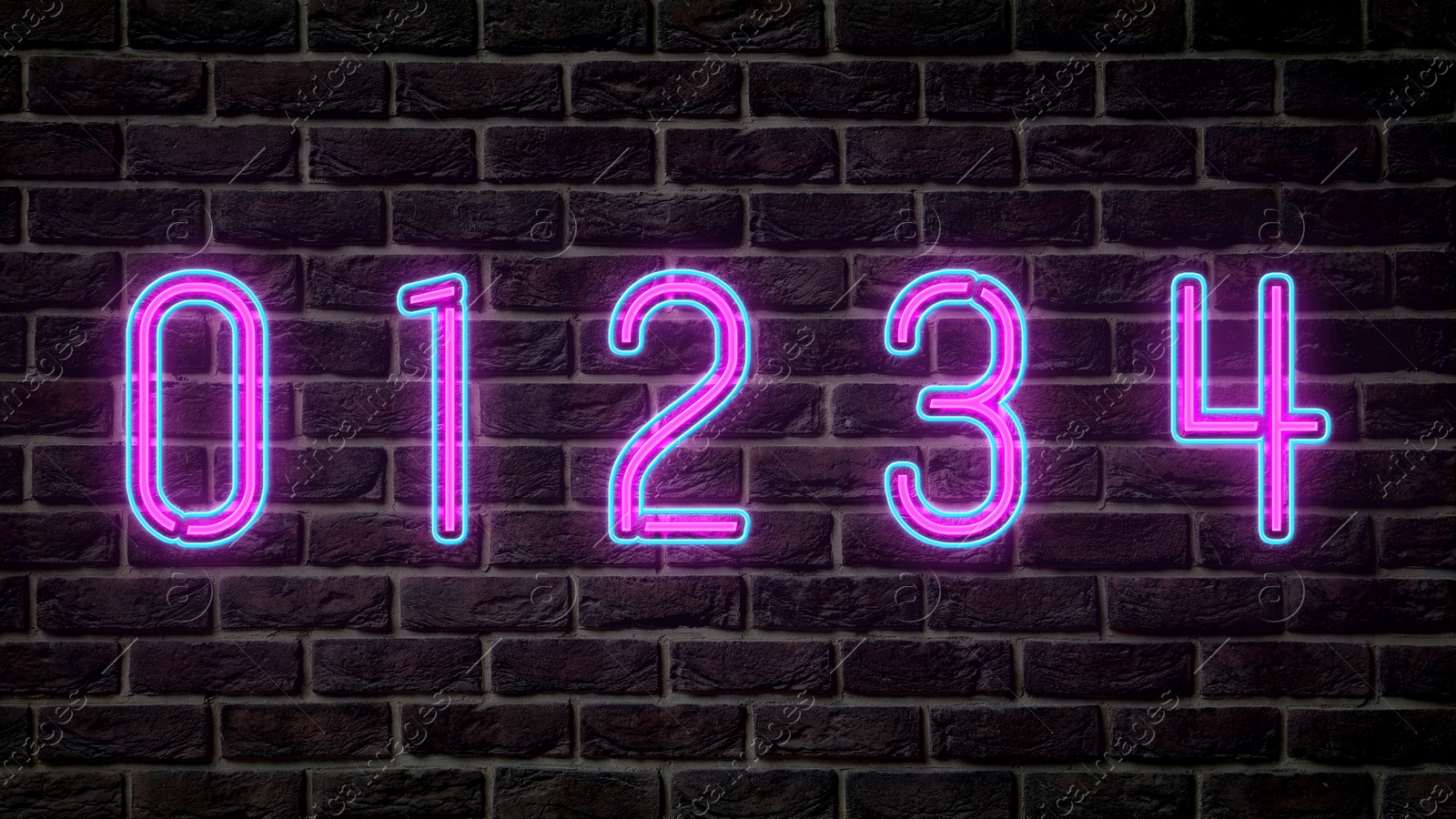 Image of Glowing neon number (0, 1, 2, 3, 4) signs on brick wall