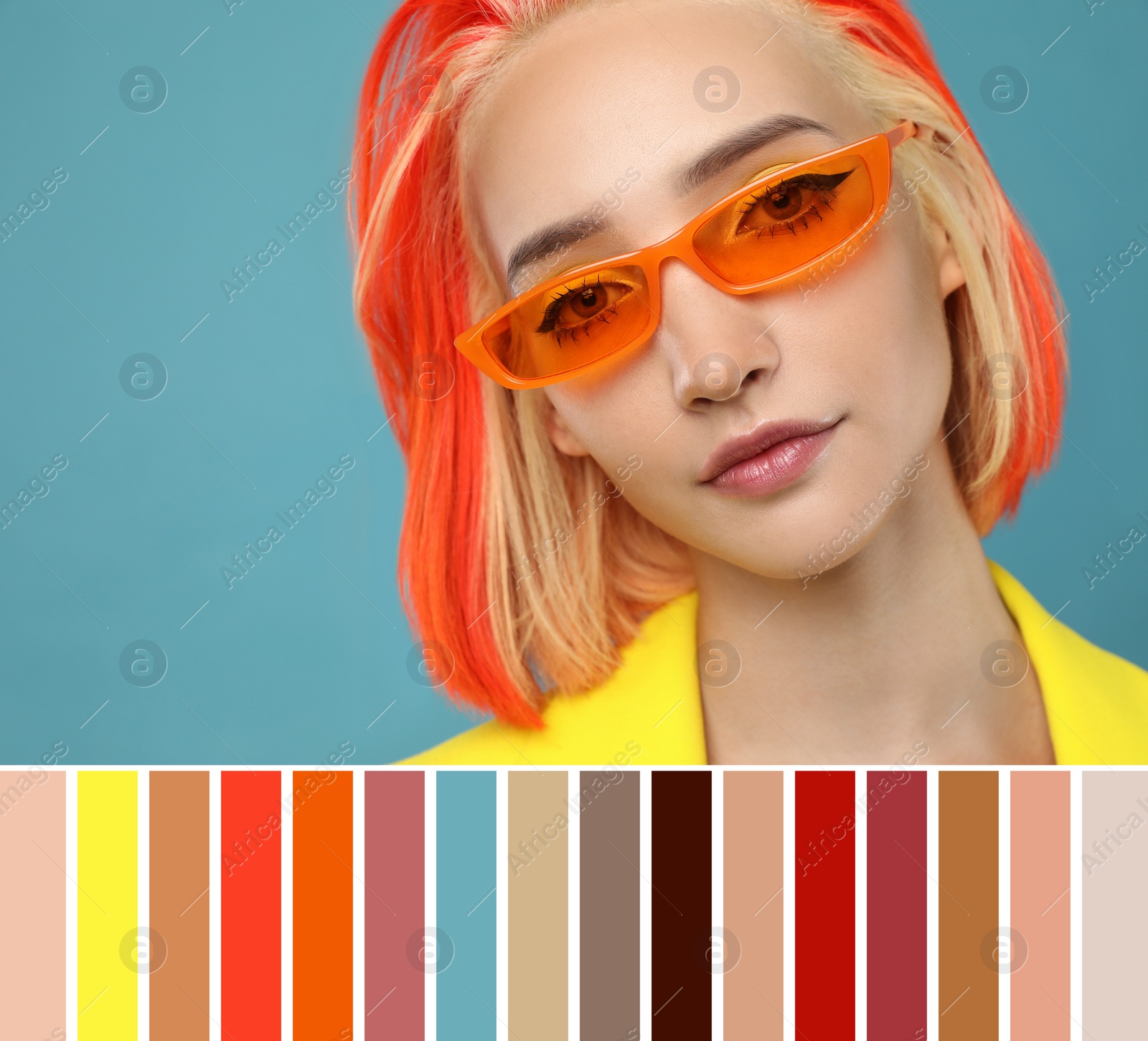 Image of Color palette and beautiful young woman with bright dyed hair on light blue background